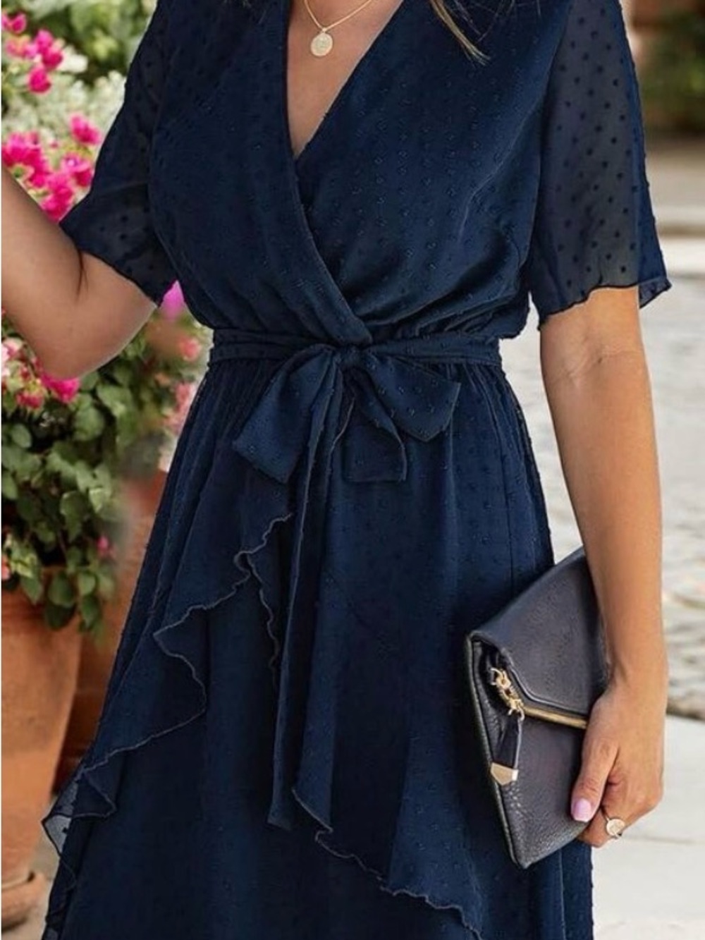 Navy Textured Wrap Midi Dress with Tie Waist